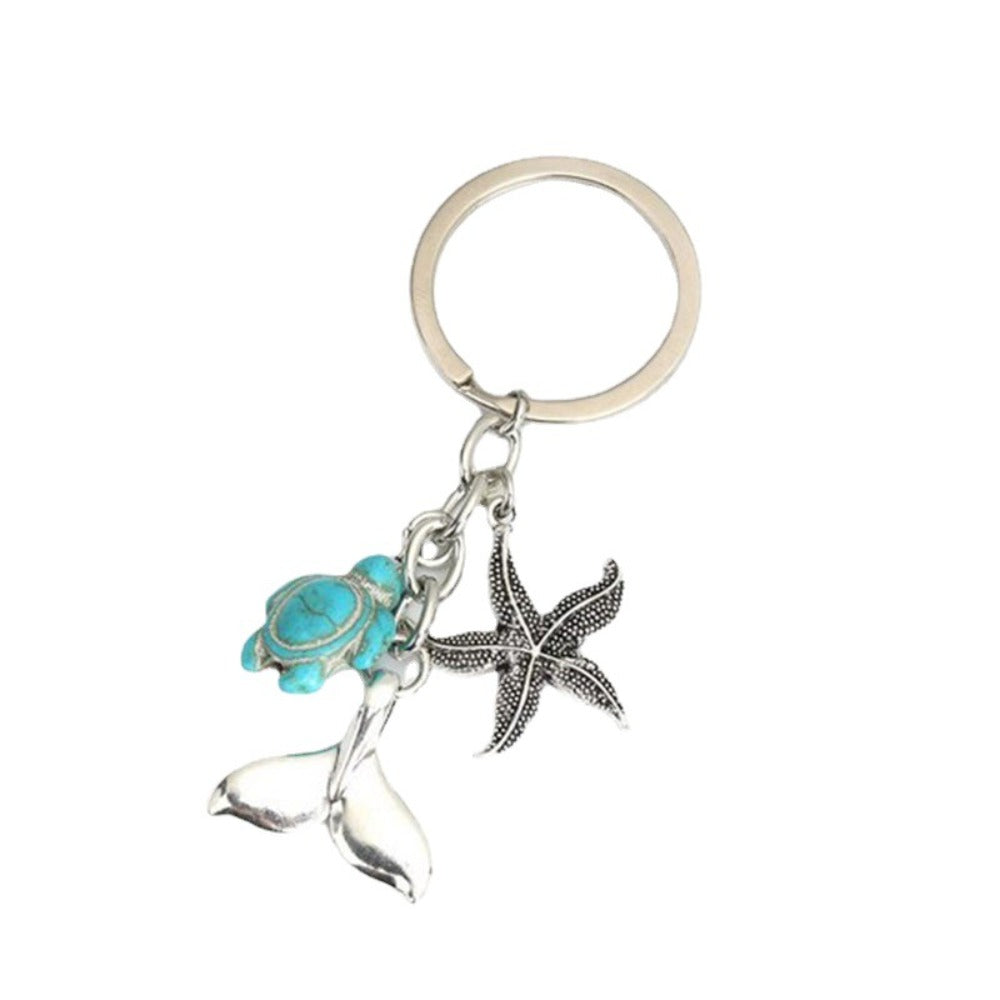 Retro Starfish Mermaid Turtle Keychain – Turquoise Pendant