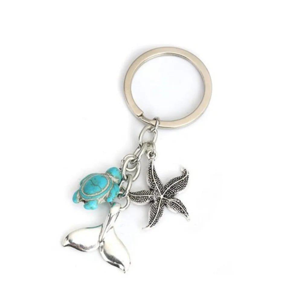 Retro Starfish Mermaid Turtle Keychain – Turquoise Pendant